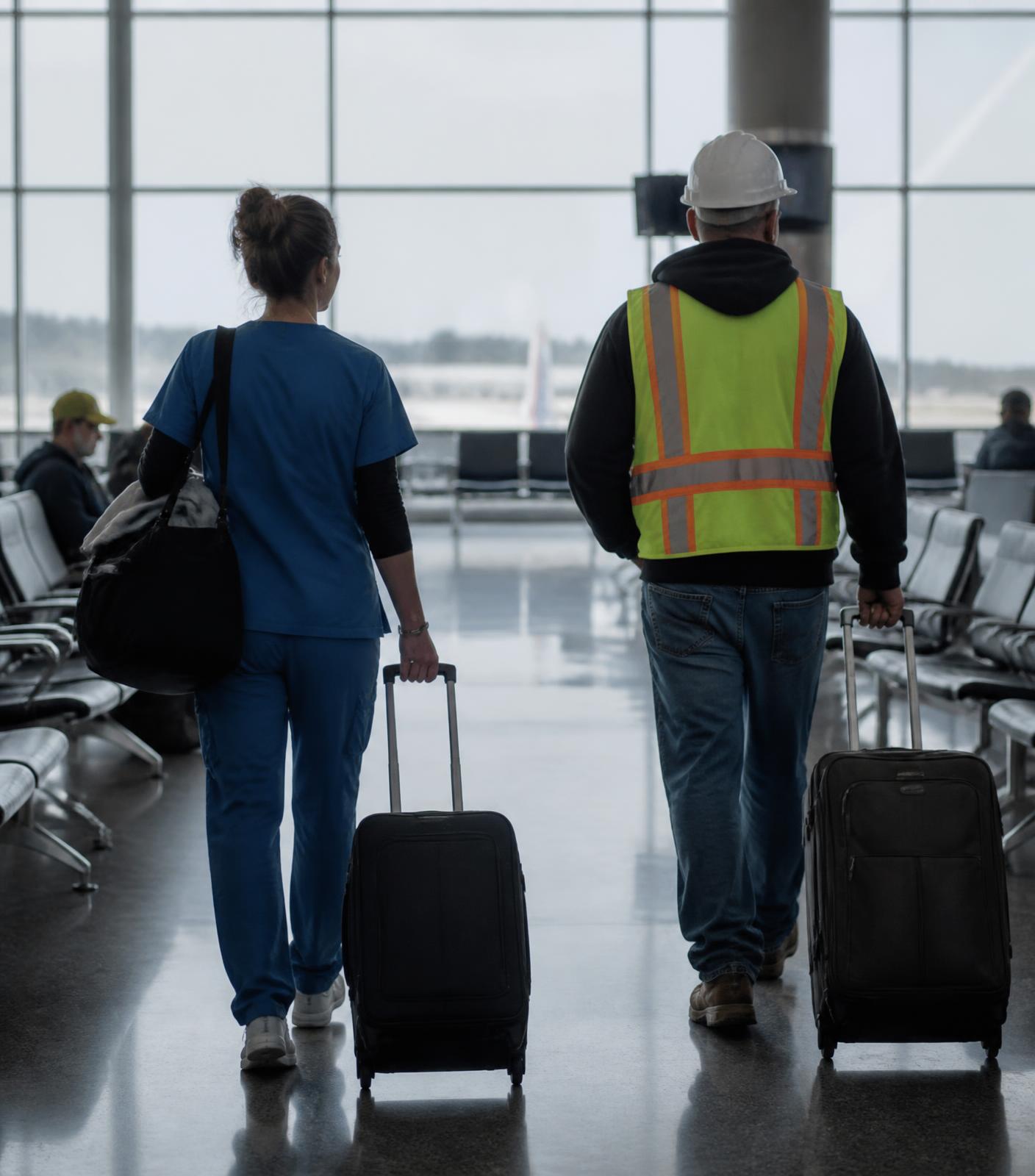 A nurse and a construction worker walking to their departure gate at an international airport